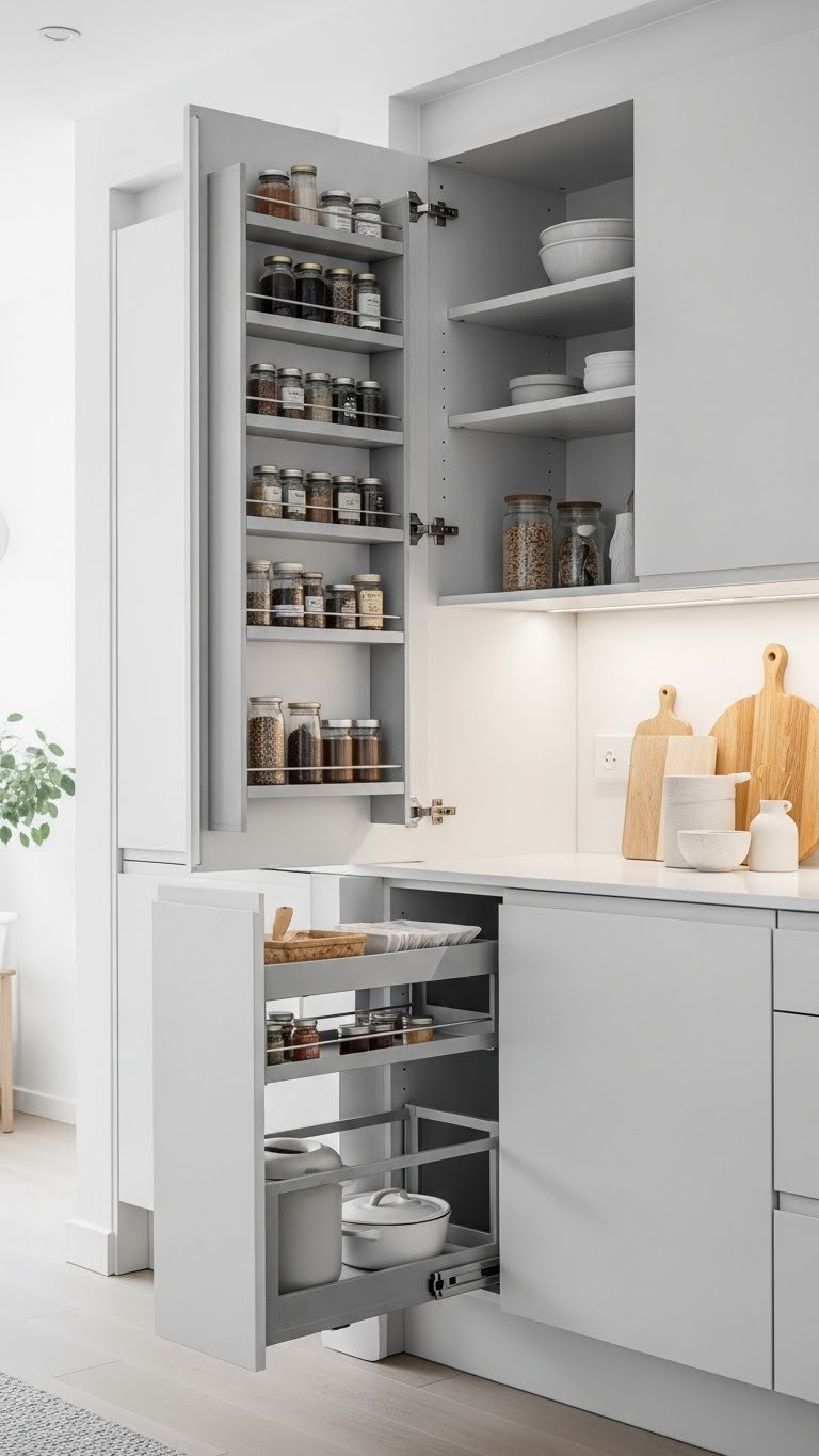 Smart vertical storage solutions for small open-plan kitchen with floor-to-ceiling pantry pull-outs and organized shelving