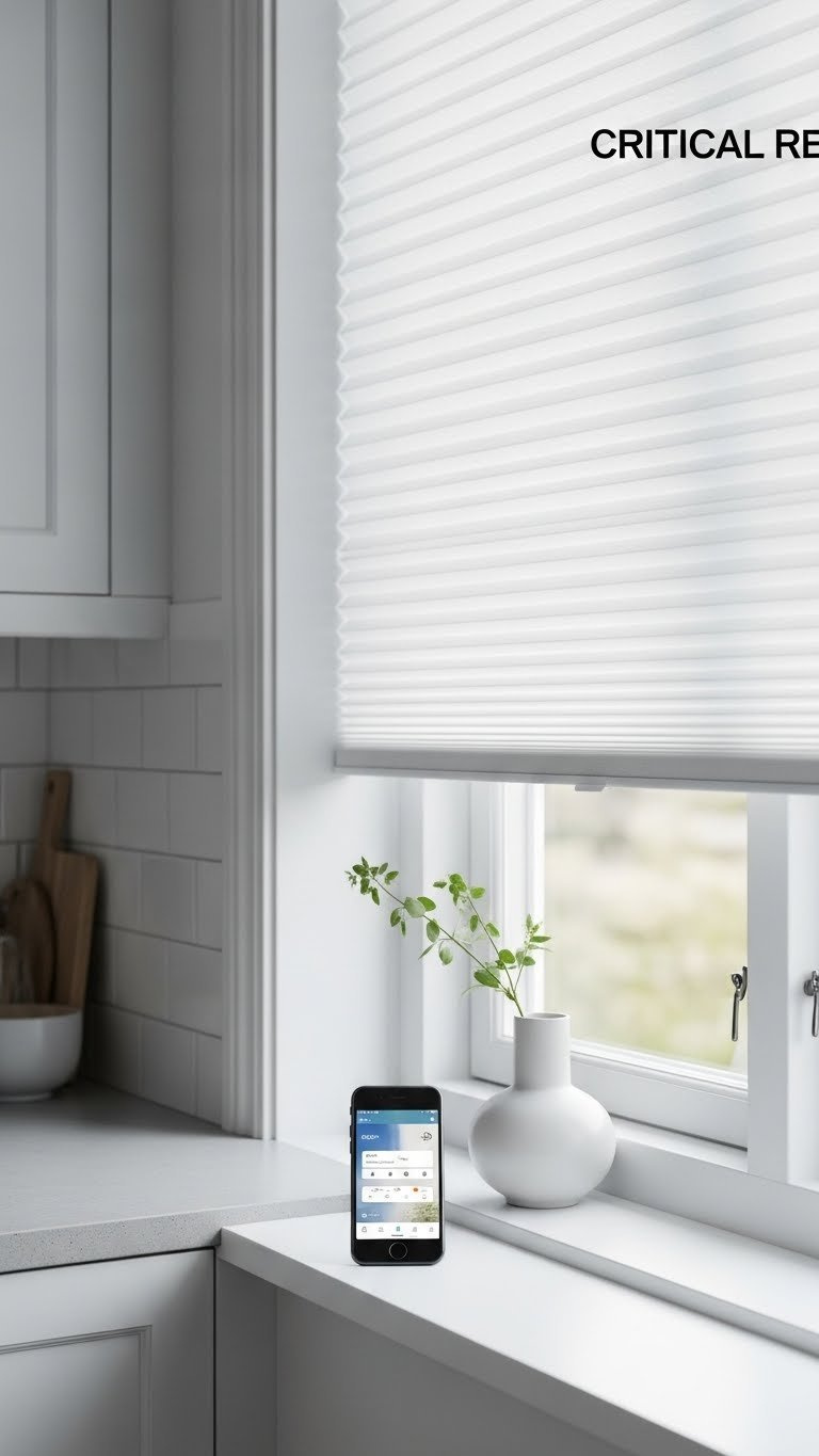 Smart white cellular blinds with honeycomb texture installed on modern kitchen window with smartphone control interface visible