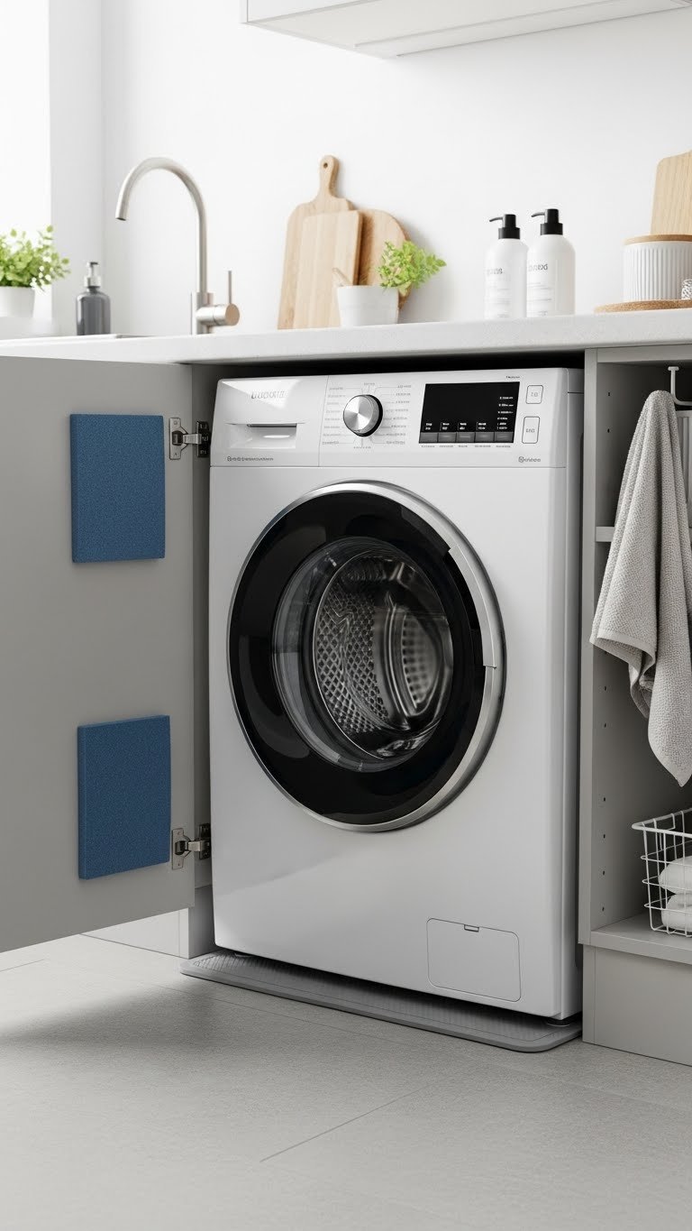 Smartly designed small kitchen featuring washing machine with soundproofing panels and anti-vibration mat in organized nook.