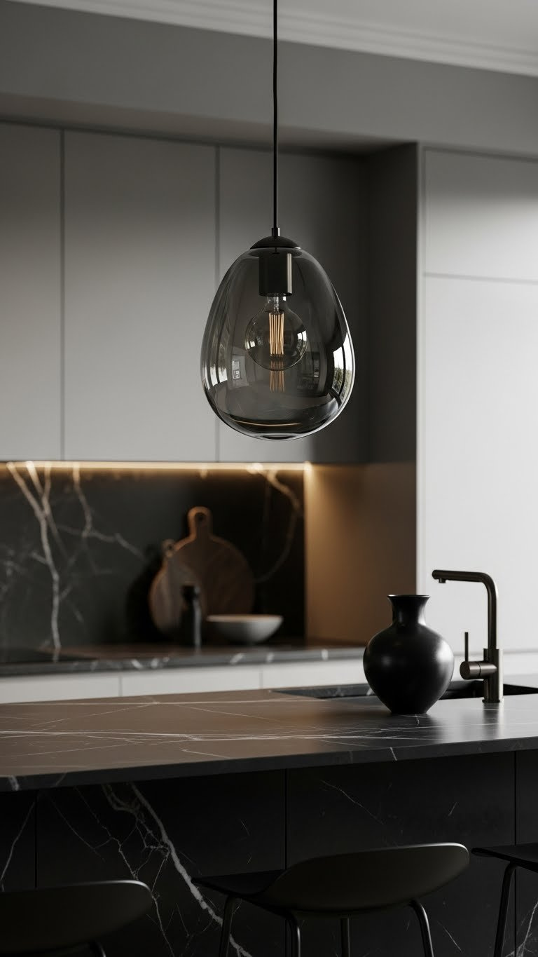 Smoked glass teardrop pendant light with subtle reflection hanging over dark marble kitchen island