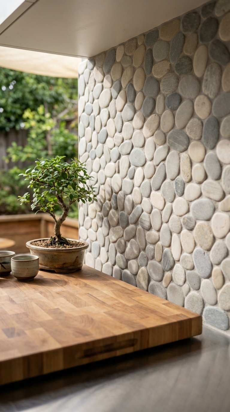 Outdoor Kitchen Tile Backsplash Ideas Materials And Installation Guide 15 Smooth river stone pebble tile backsplash with bonsai tree on wooden butcher block countertop