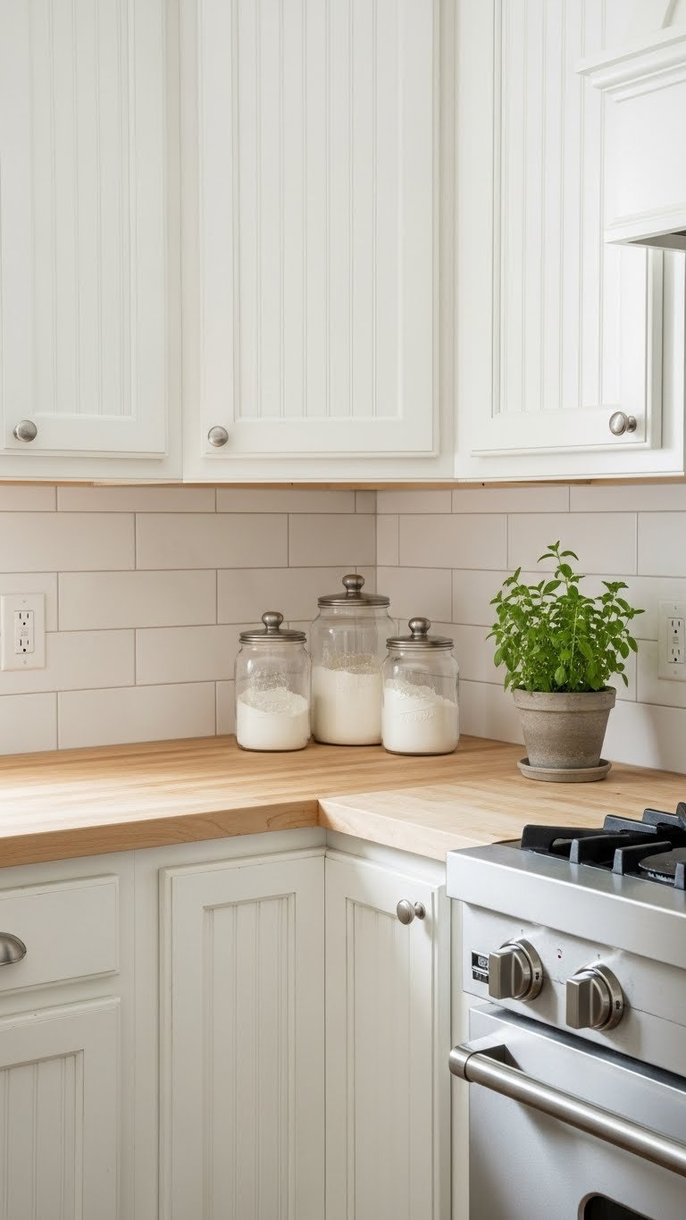 Soft off-white beadboard kitchen cabinets on light butcher block countertop with glass jars and potted herb plant.