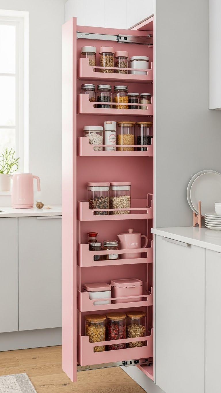 Proven Pink Small Kitchen Ideas: 9 Ways To Maximize Space 11 Soft pink pull-out pantry unit with organized spice jars and storage containers in kitchen organization.