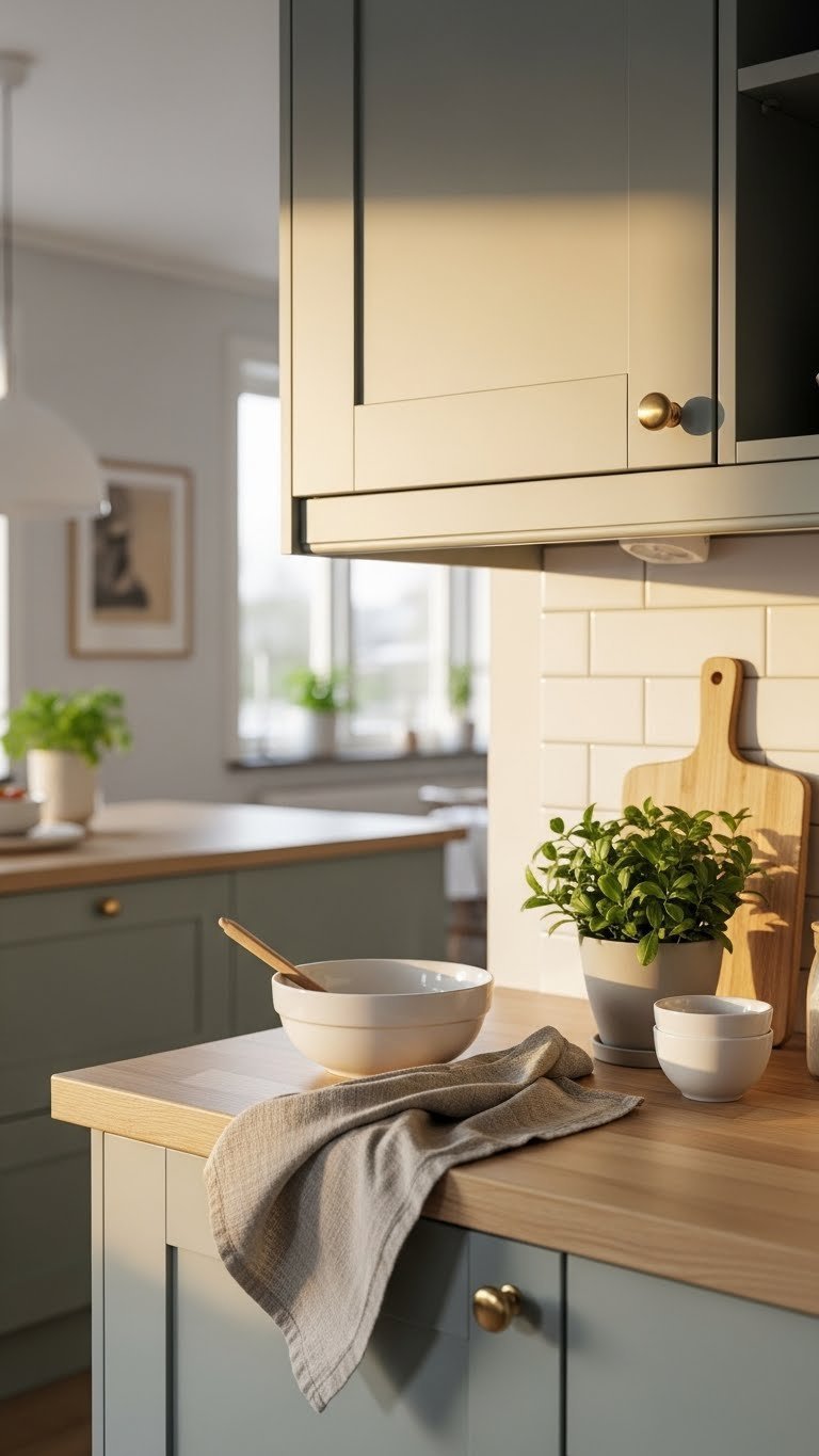 Soft sage green cabinetry blending with light wood elements on countertop with white ceramic bowl and green plant