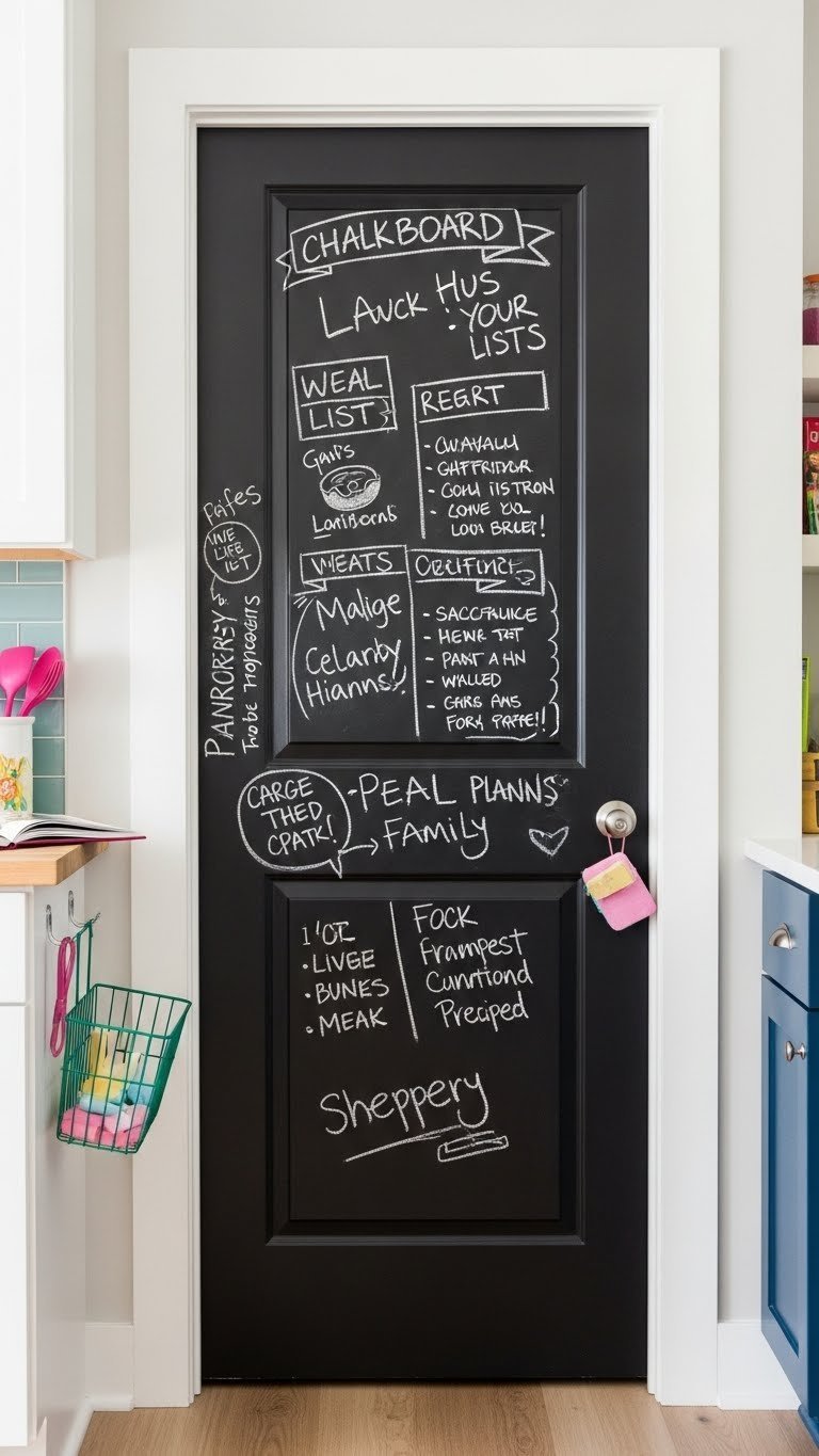 Solid chalkboard pantry door, covered with family grocery lists and doodles, slightly ajar in a vibrant kitchen.