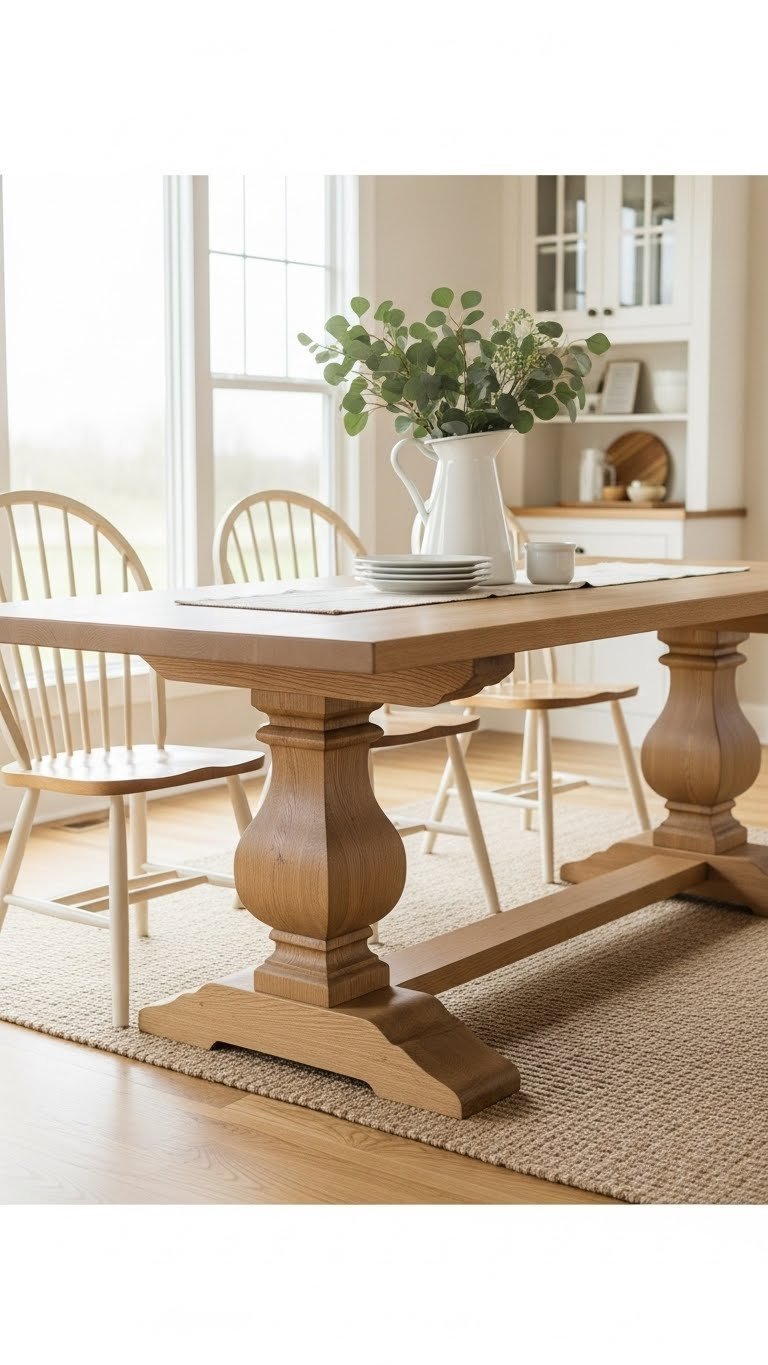Solid oak farmhouse table with pedestal base in airy dining room featuring spindle-back chairs and eucalyptus arrangement