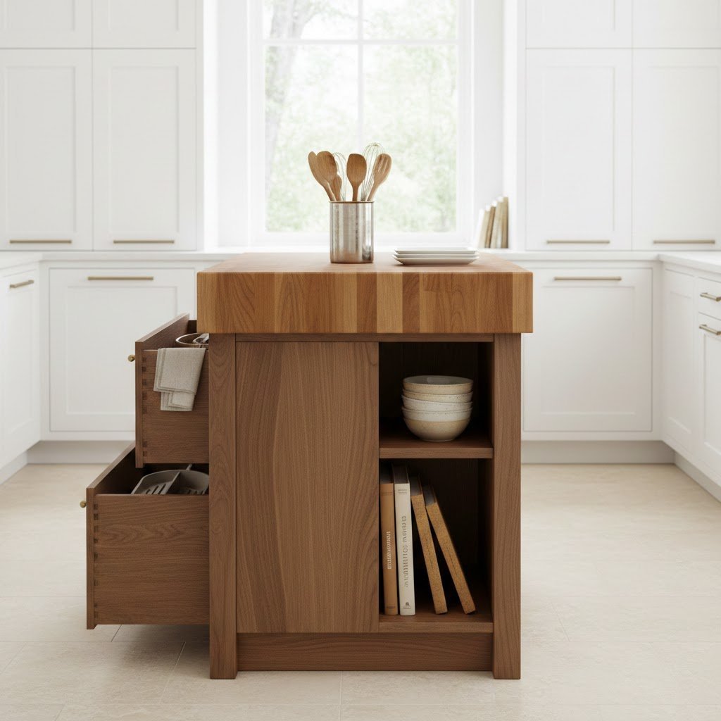 Small Kitchen Island: 7 Proven Ideas To Maximize Space 5 Solid wood butcher block kitchen island with deep drawers and open shelving filled with organized kitchen essentials.