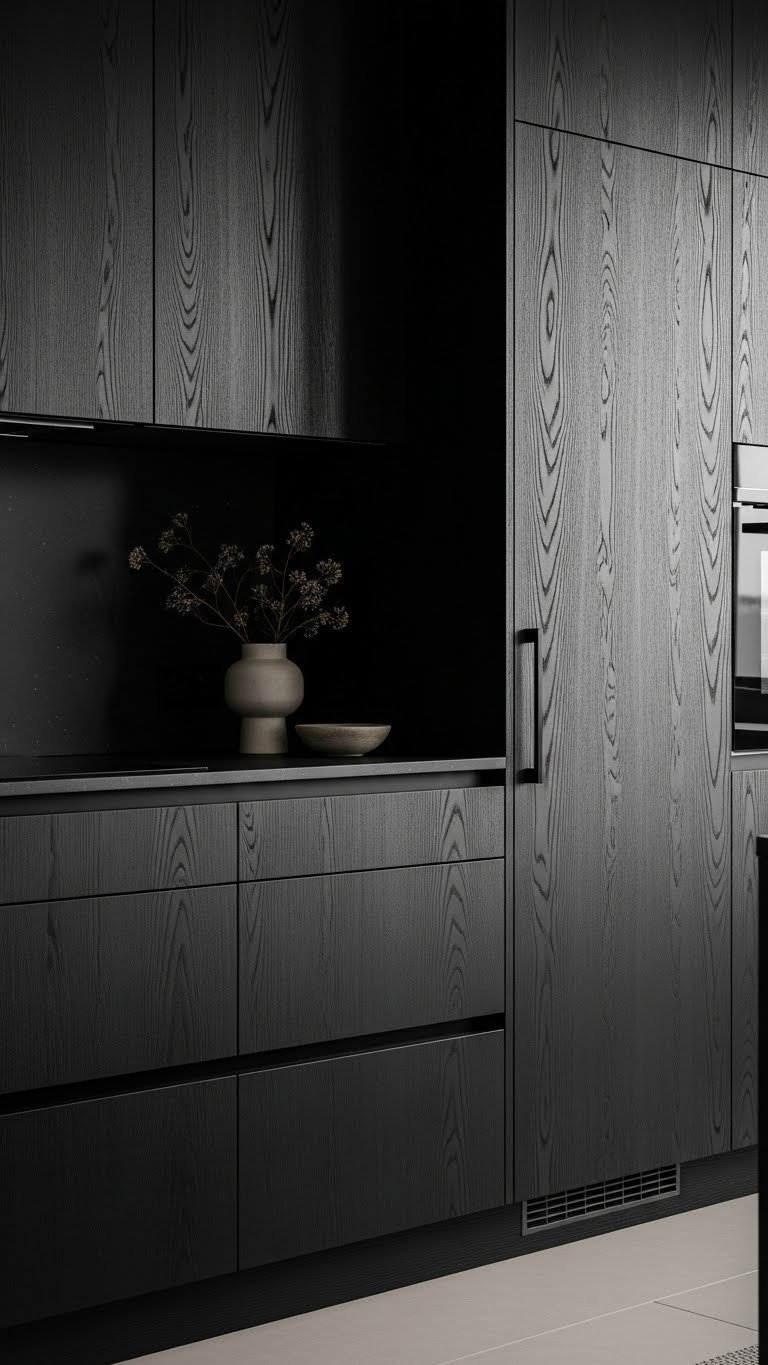 Sophisticated Japandi kitchen with matte black cabinetry, textured dark oak walls, and a ceramic ikebana vase. Minimalist interior design.