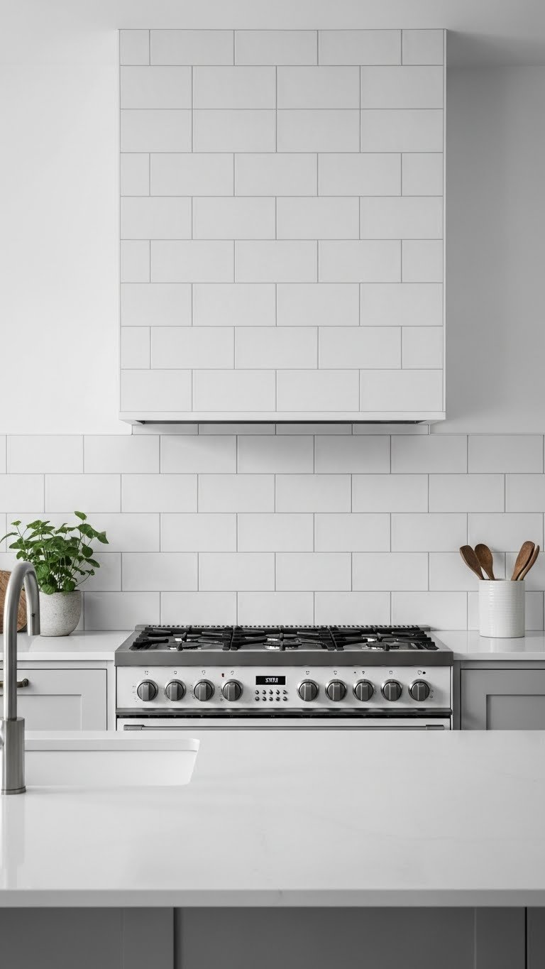 Sophisticated Scandinavian kitchen with full-height tile backsplash extending to ceiling behind minimalist range.