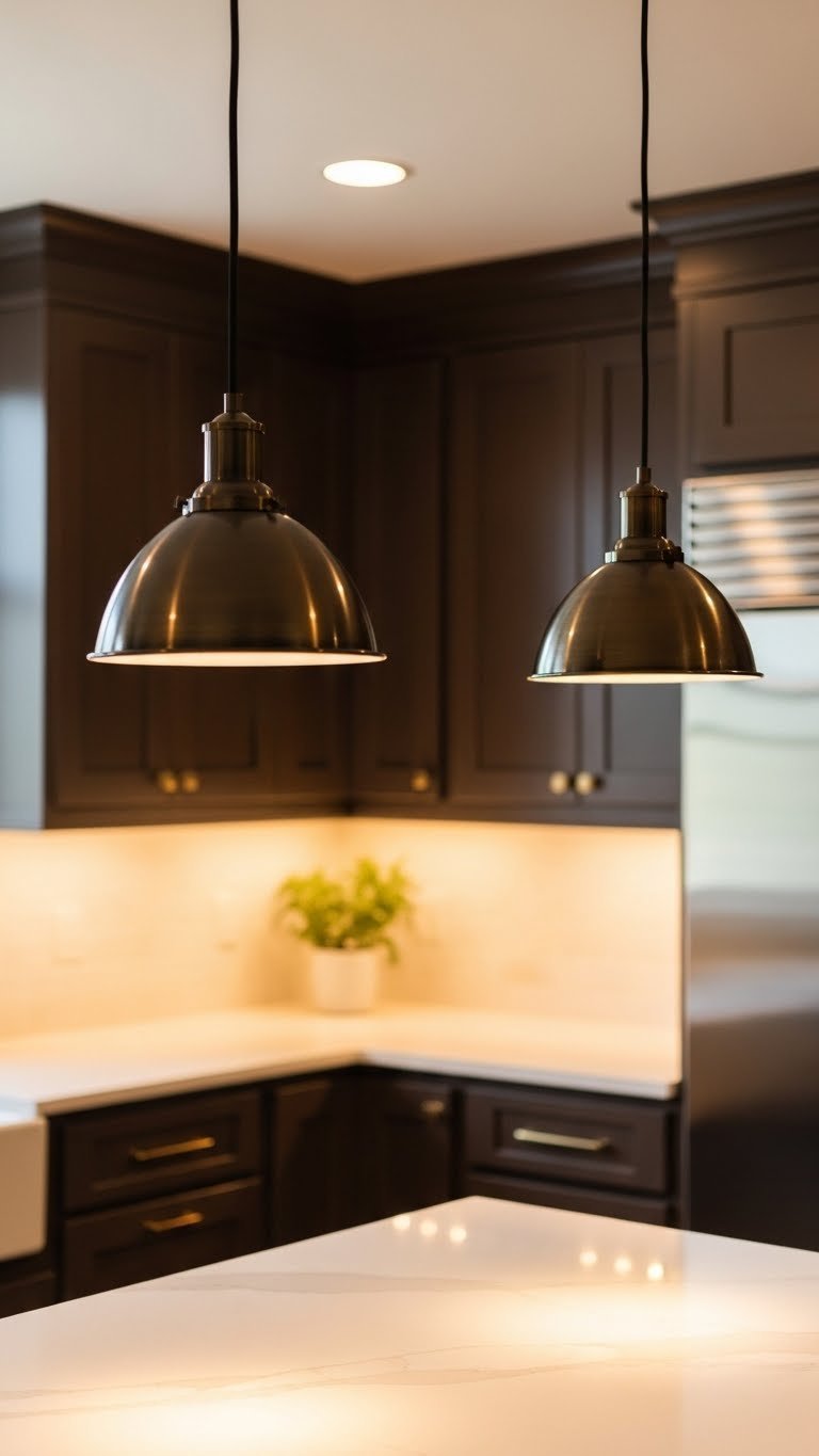 Sophisticated dark brown kitchen with warm LED under-cabinet lighting, light marble countertop, bronze pendant lights over island, rich cabinetry. Cozy modern design.