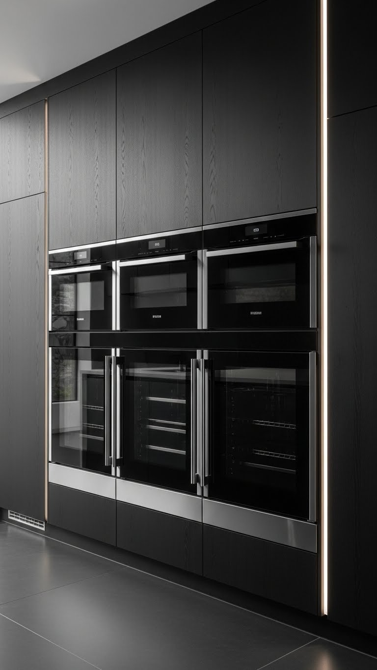 Dark Restaurant Kitchen Aesthetic: 7 Luxurious Design Ideas 7 Sophisticated dark kitchen with built-in black stainless steel ovens, refrigerators, matte black cabinetry, and integrated LED lighting.