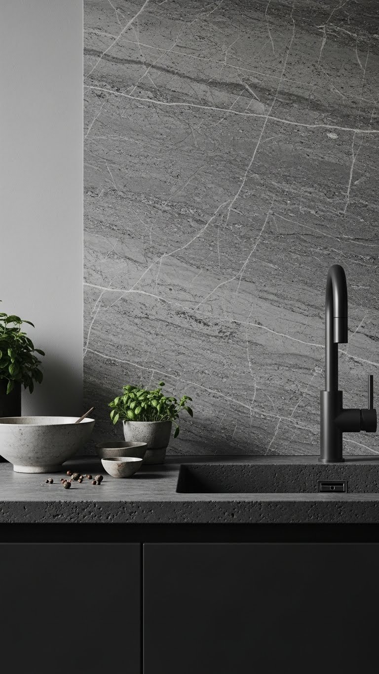 Sophisticated dark scandi kitchen showcasing concrete countertop and natural stone backsplash textures with green herbs.