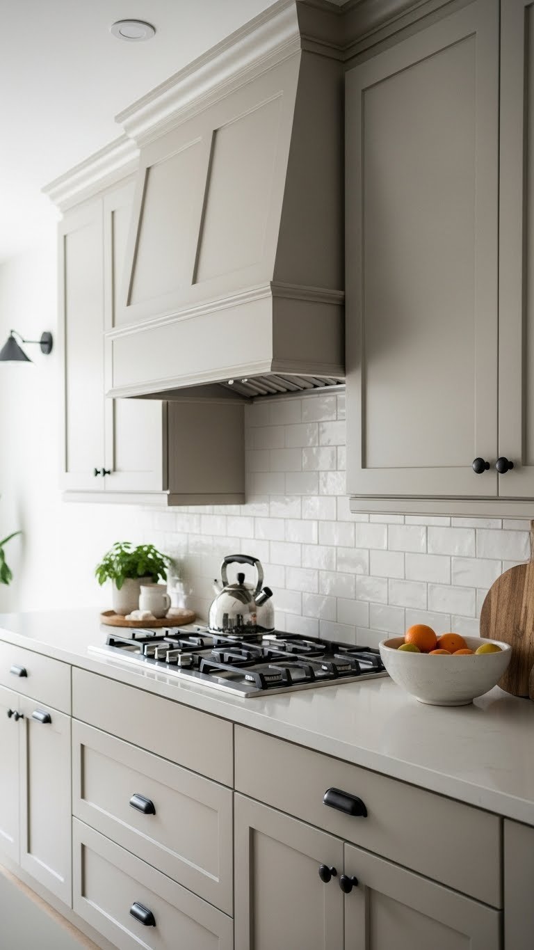 Sophisticated greige kitchen cabinets with matte black hardware and textured tile backsplash on concrete countertop.