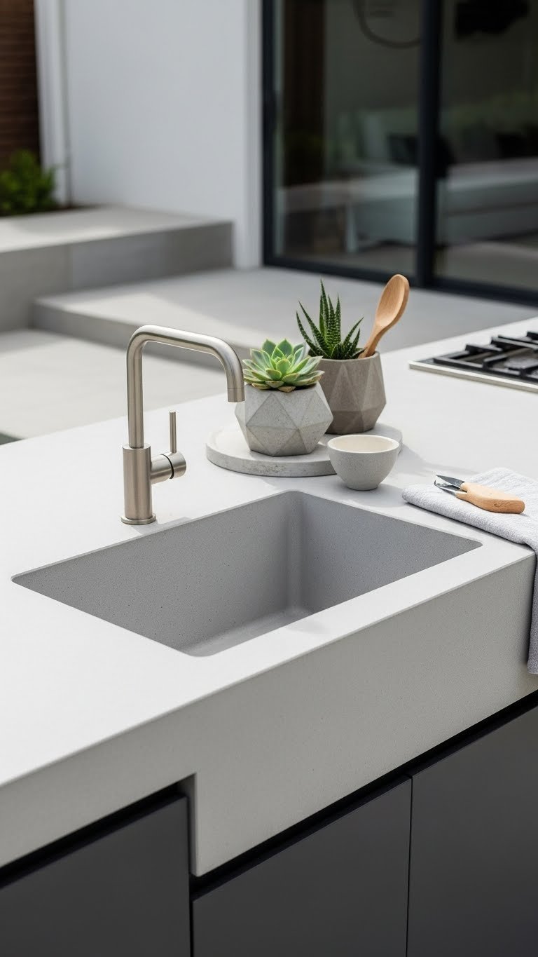 Sophisticated integrated concrete outdoor sink and countertop with minimalist faucet and succulent plant in modern setting