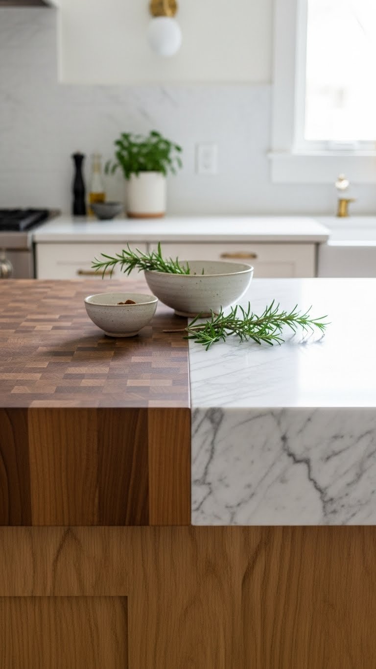 Sophisticated kitchen island blending butcher block and white marble countertops with contrasting textures