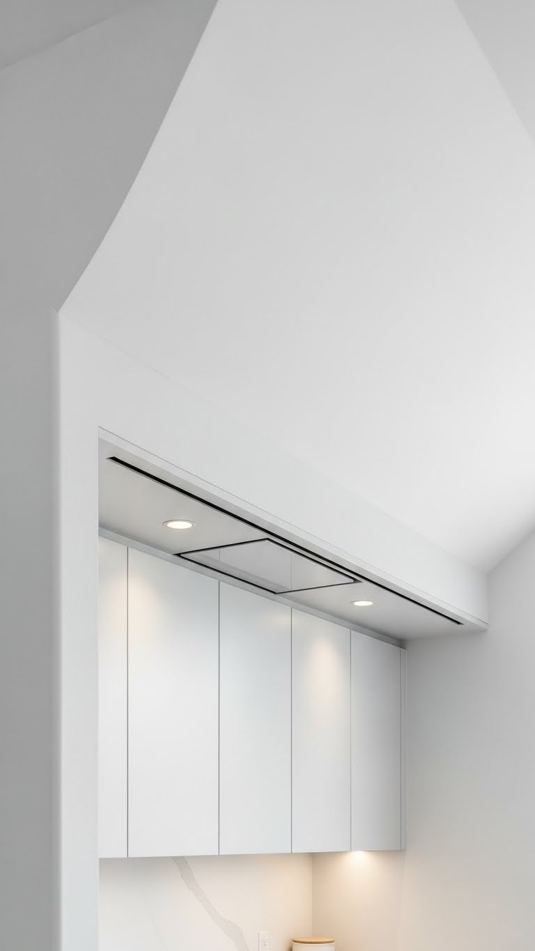 Sophisticated kitchen soffit with recessed lighting integrated into white vaulted ceiling above handleless cabinets