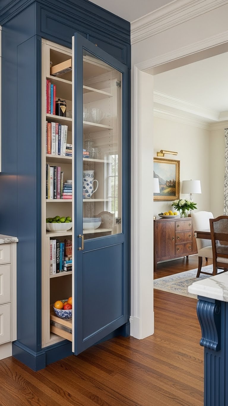 Sophisticated kitchen with a hidden bookshelf pantry entrance, partially open to reveal a discreet storage area.