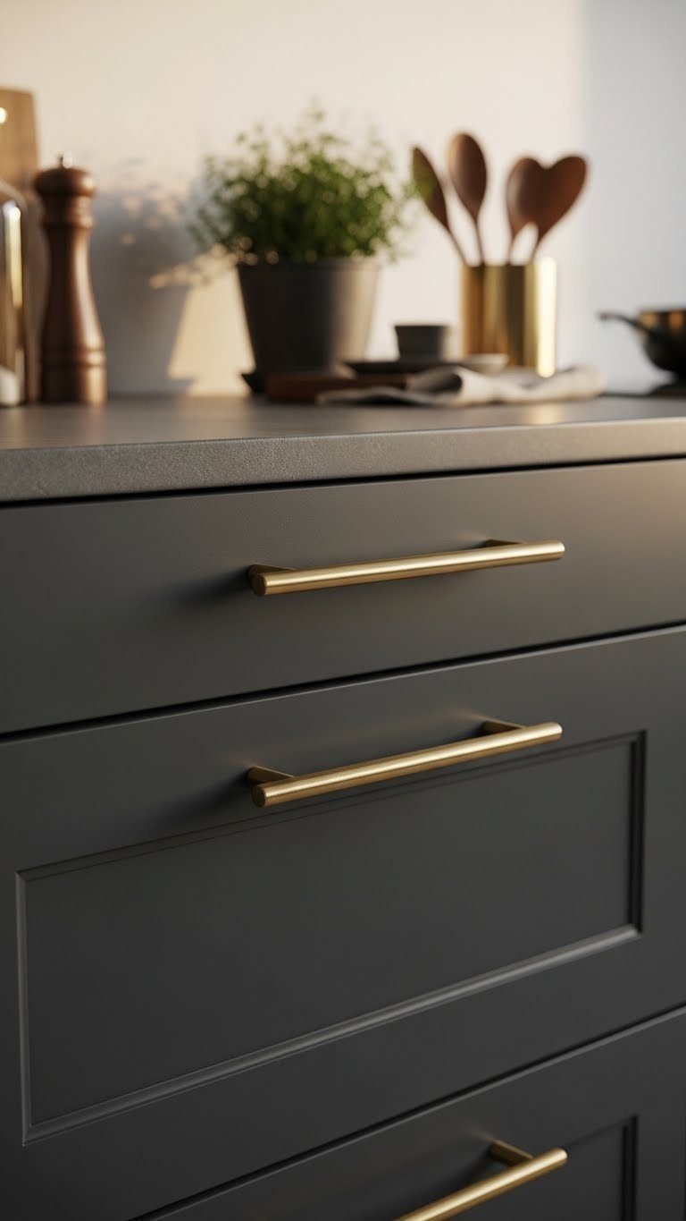 Sophisticated kitchen with elegant brushed brass pulls on dark grey cabinetry illuminated by warm golden hour light