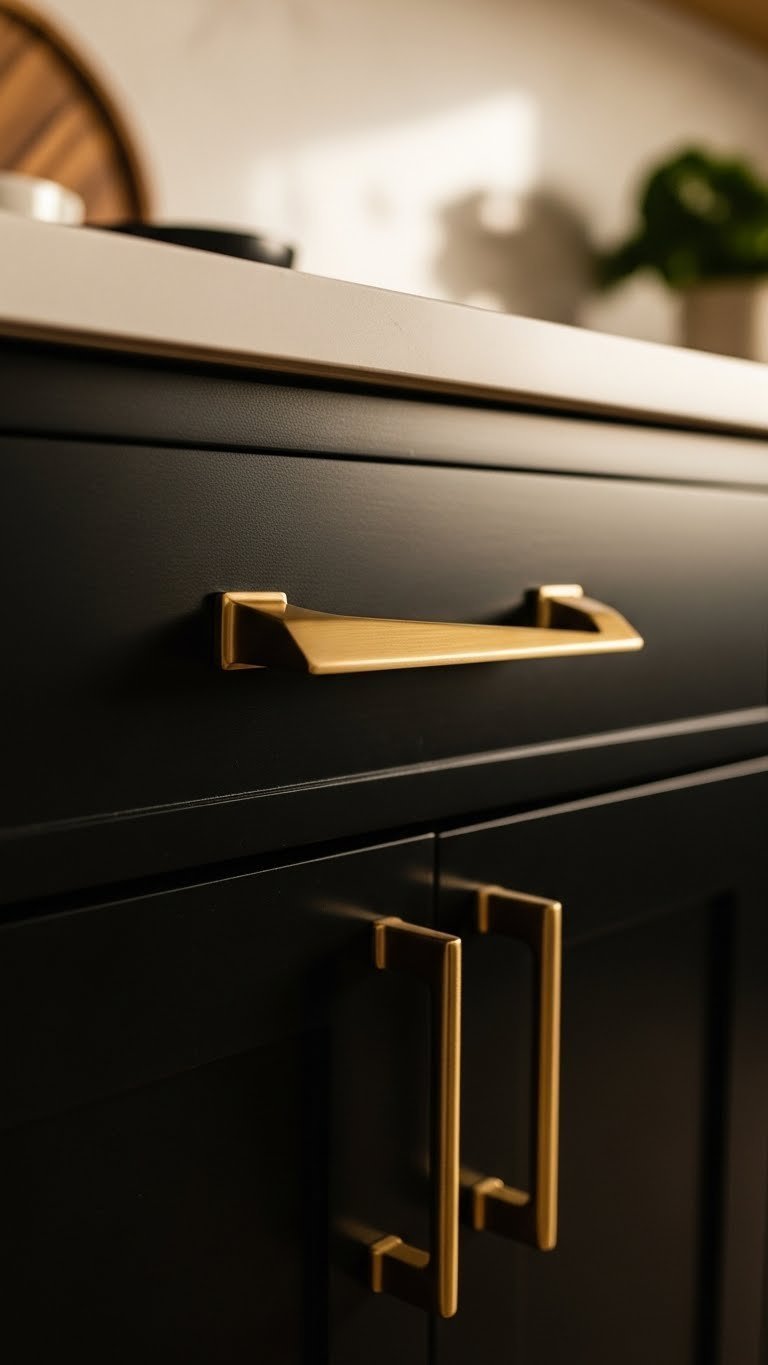 Sophisticated matte black kitchen cabinet drawer with a bold, angular brushed brass pull. Macro detail, warm lighting.