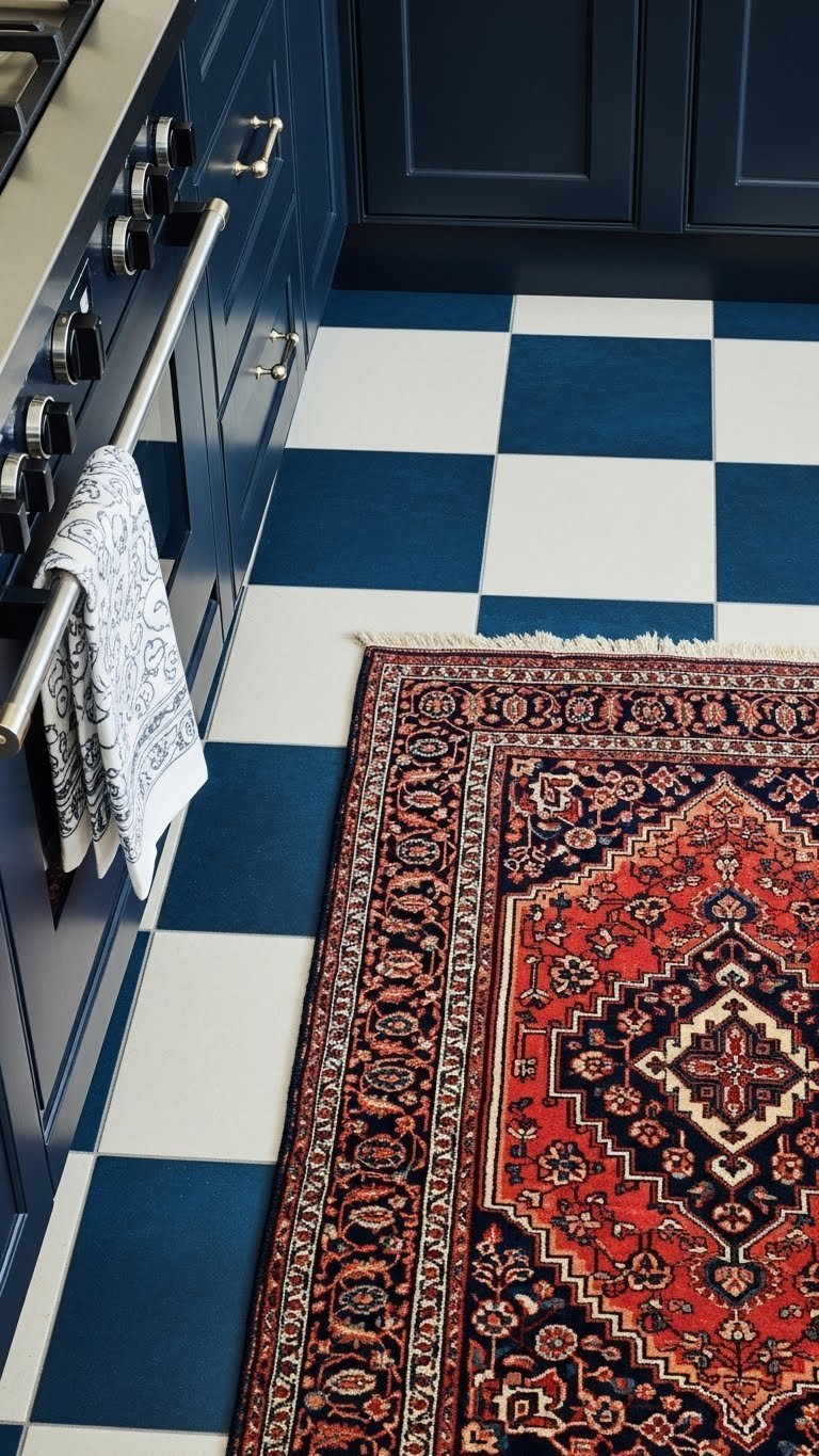 Sophisticated maximalist kitchen with dark blue and off-white checkerboard tile floors, dark cabinets, and a rich oriental runner rug.
