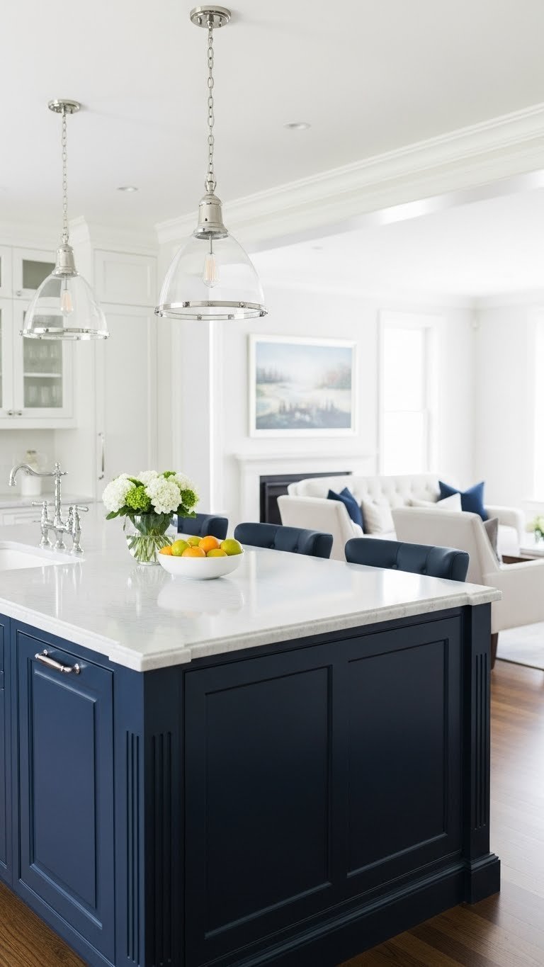 Sophisticated open concept kitchen living room. Deep navy blue island, white cabinets, marble, chrome hardware. Elegant, modern interior design.