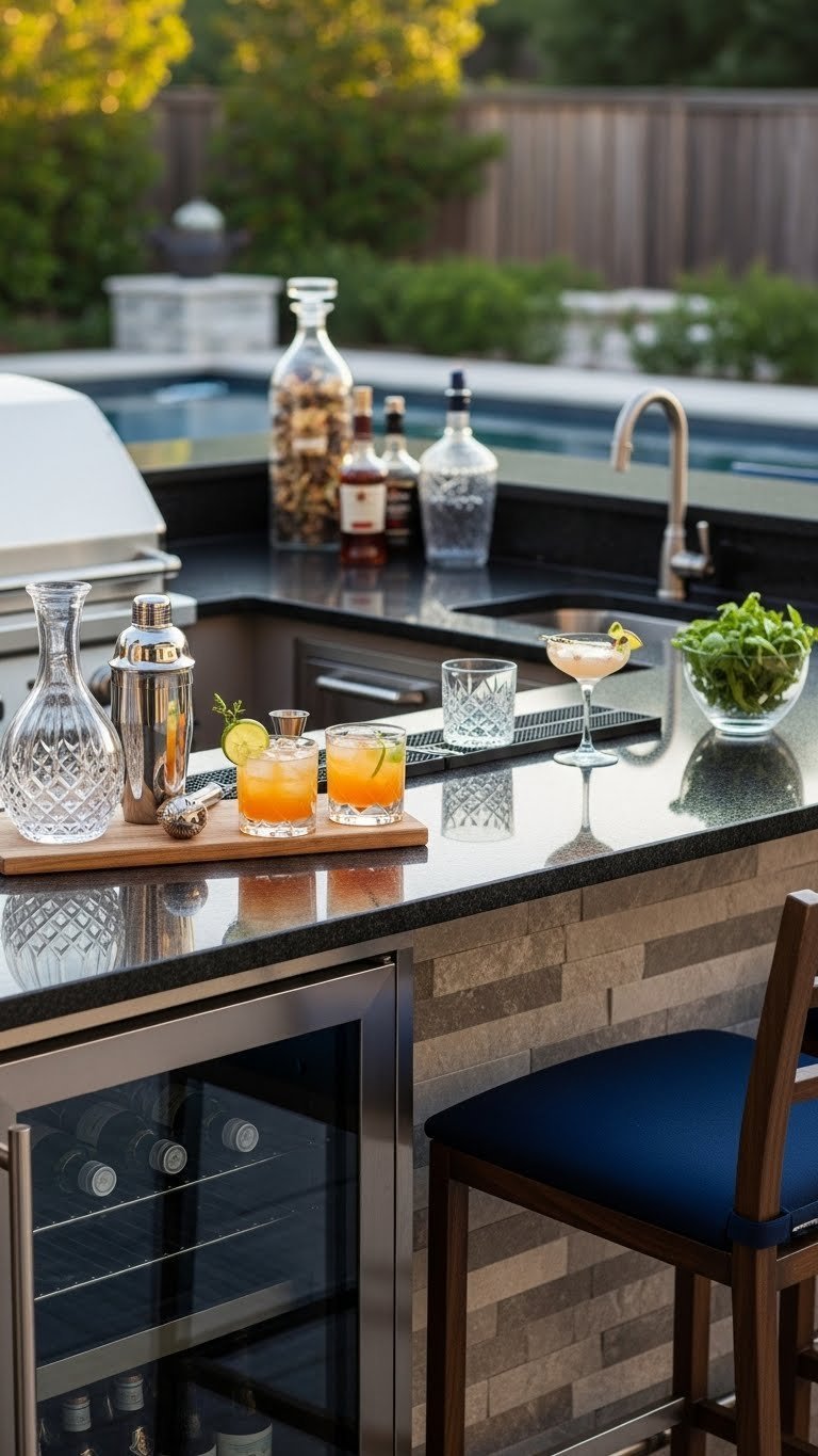 Sophisticated outdoor bar integrated into kitchen with granite countertops and cocktail setup