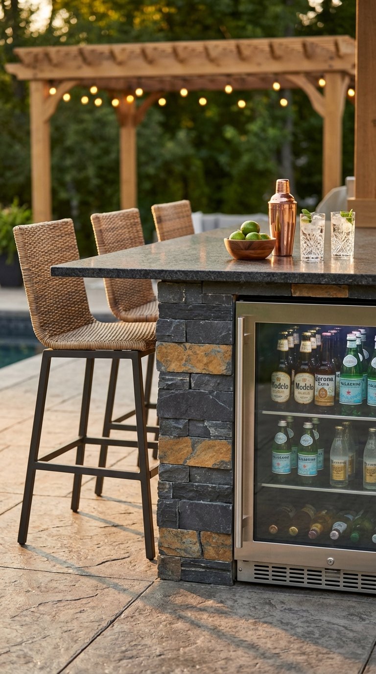 Outdoor Kitchen Entertaining Ideas Proven Tips For Homeowners 3 Sophisticated outdoor bar with dark granite countertop, stainless steel beverage fridge, and cocktail accessories during golden hour.