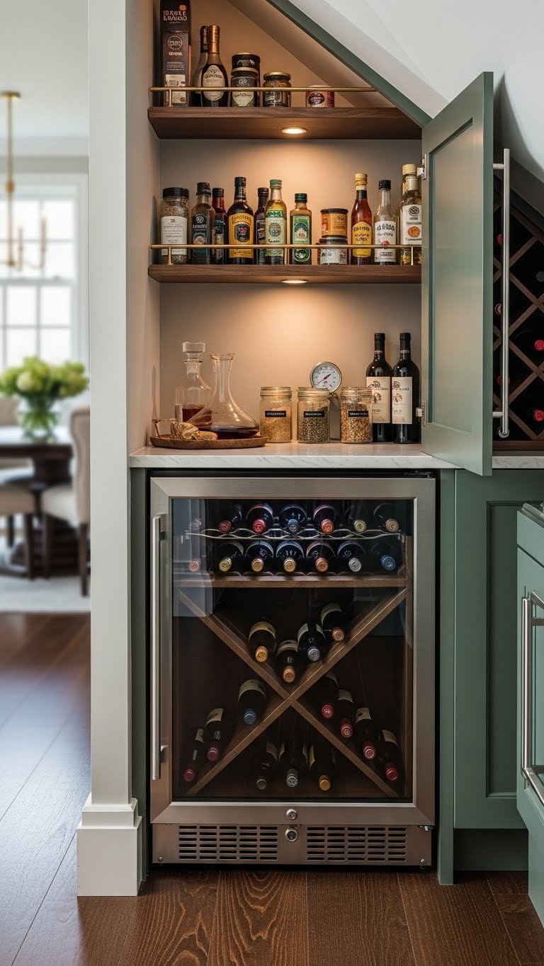 Brilliant Kitchen Pantry Ideas Under Stairs: 11 Space Solutions 11 Sophisticated under-stairs wine storage and dry goods pantry combo with wine racks and organized shelves in rich mahoganies.