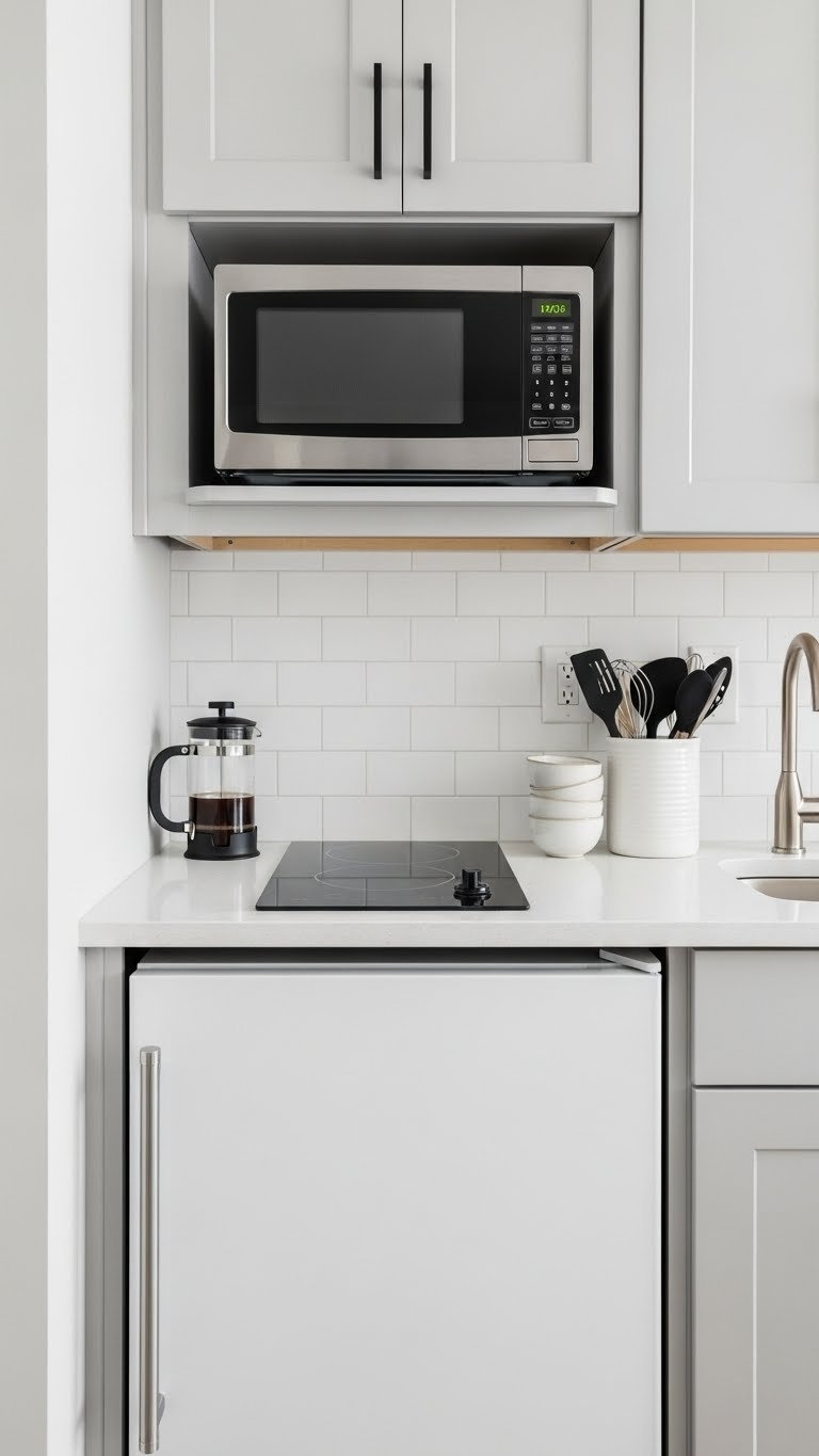 Space-efficient basement kitchen appliances including undercounter fridge and induction cooktop on quartz countertop