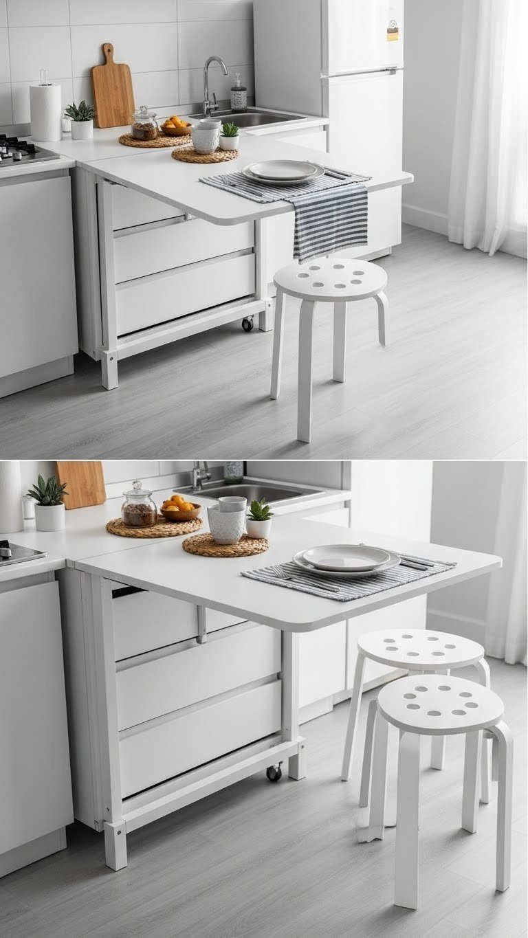 Space-saving collapsible kitchen island in compact Philippine condo kitchen shown extended for use with minimalist dining chairs.