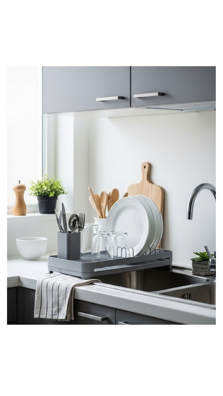 Space-saving dish drying rack holding clean dishes and cutlery in a compact kitchen organization