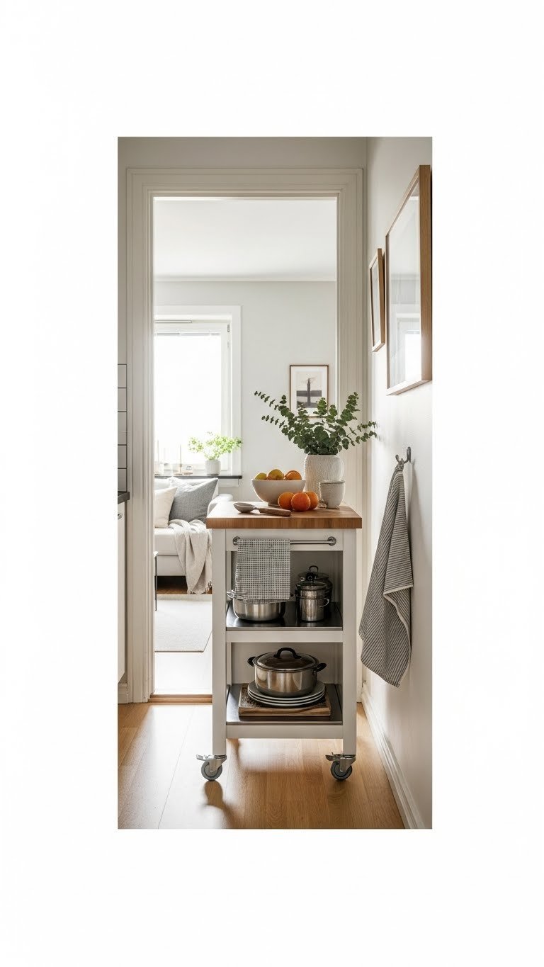 Space-saving movable kitchen island with butcher block top on industrial wheels in a narrow kitchen with warm wood floors and fruit.