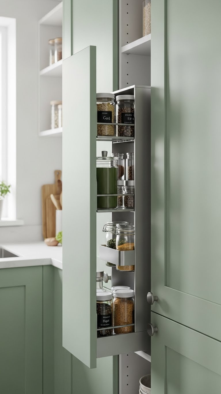 Space-saving pull-out pantry with sage green paneling and smart storage in compact kitchen