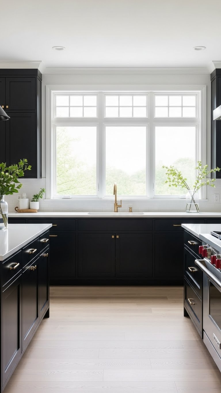 Spacious black kitchen with large windows, abundant natural light, and white countertops. Reflective surfaces prevent gloom.