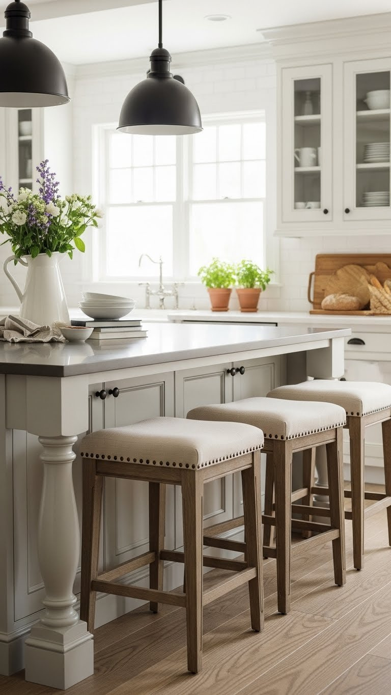 Spacious farmhouse kitchen island with upholstered bar stools, ceramic flower pitcher, and rustic bread basket in soft natural window light setting.