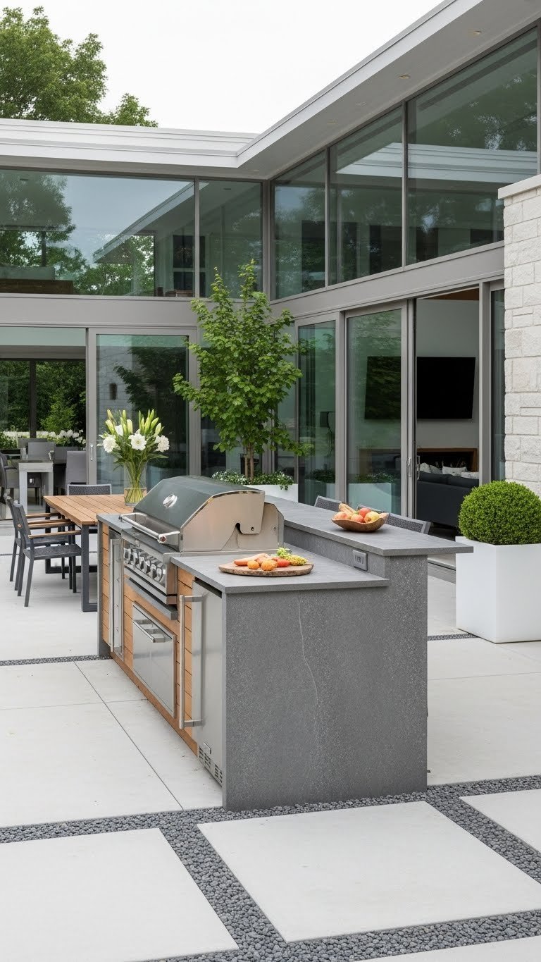 Mastering Luxury Outdoor Kitchen Design: 7 Essential Elements 1 Spacious luxury outdoor kitchen on a concrete patio with distinct grilling, food prep, and dining areas, lush garden background.