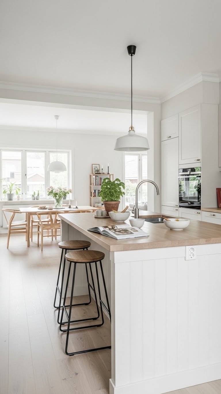 Spacious open-plan Scandinavian kitchen with light wood island, pendant light, and seamless integration with dining area