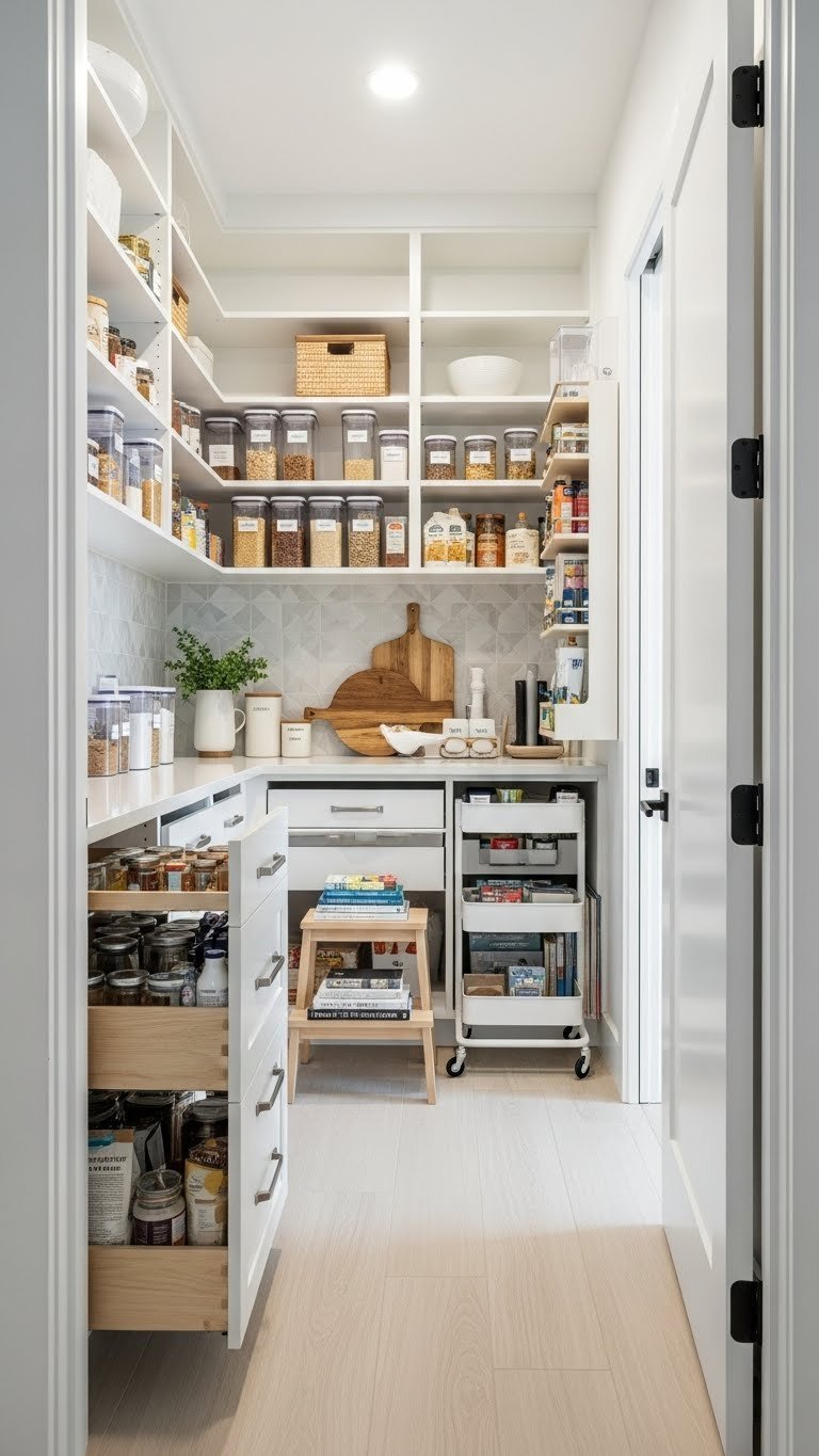 Spacious, organized walk-in pantry with open shelving, clear containers, labeled jars, and pull-out drawers, brightly lit.