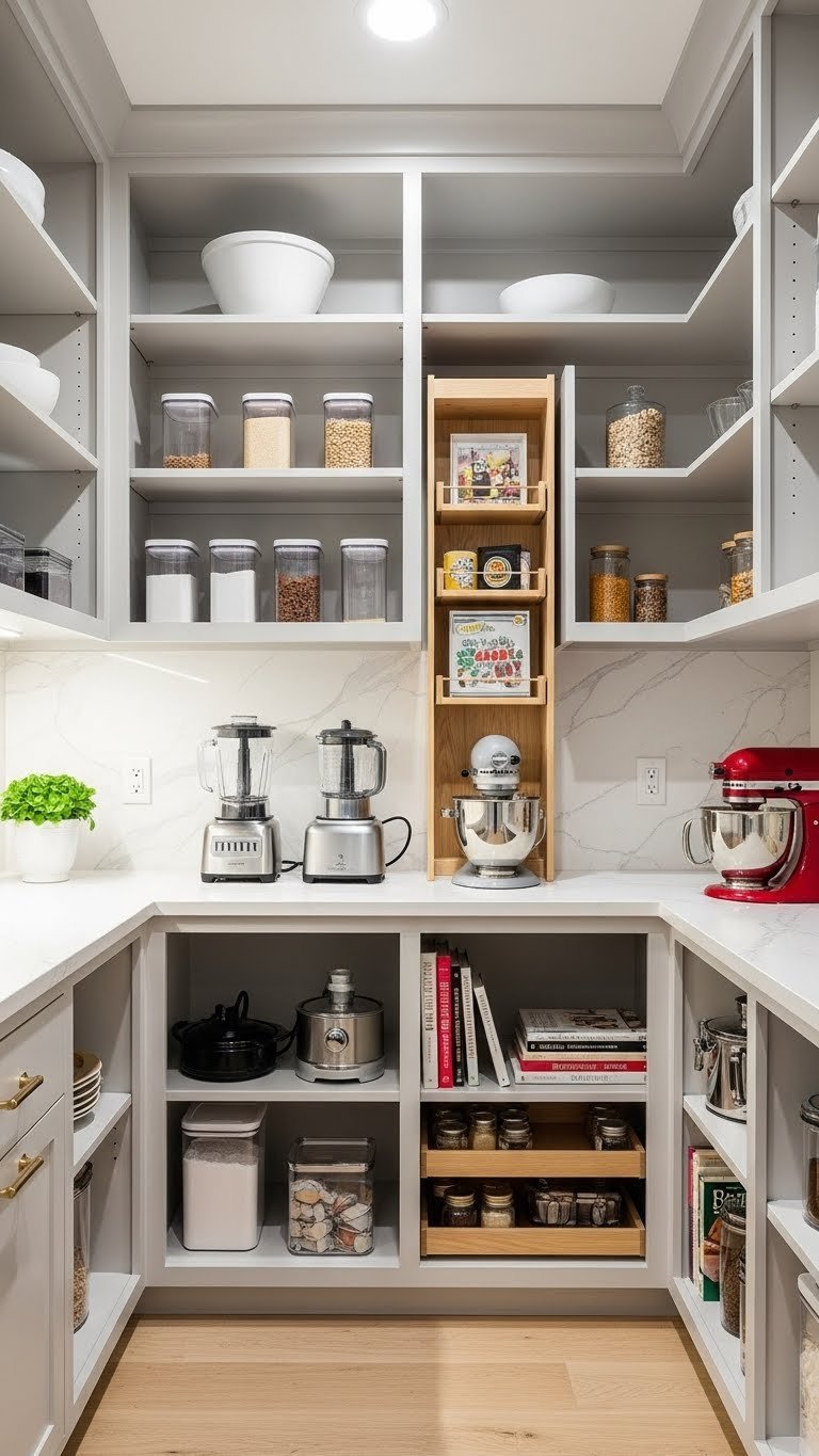 9 Smart Kitchen Pantry Ideas For Appliance Storage 17 Spacious walk-in kitchen pantry features impeccably organized appliance zones with a blender, food processor, and stand mixer on custom shelves.