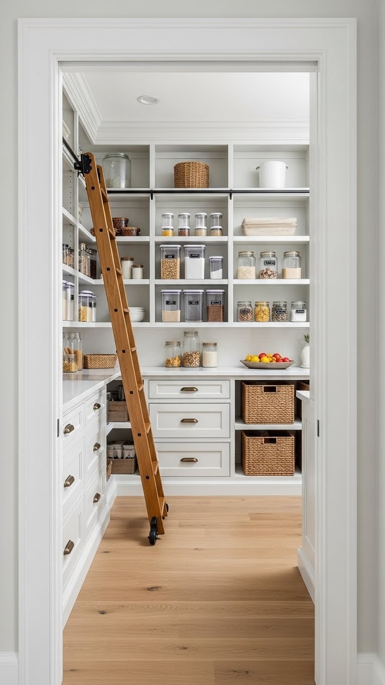 7 Essential Kitchen Pantry Design Ideas For Maximum Storage 3 Spacious walk-in pantry with custom wooden shelves, clear containers, elegant drawers, showcasing optimal kitchen storage and organization.