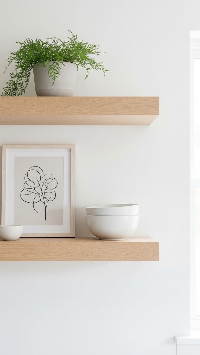Sparsely styled minimalist scandi kitchen shelves featuring single plant and stacked white bowls with abundant empty space