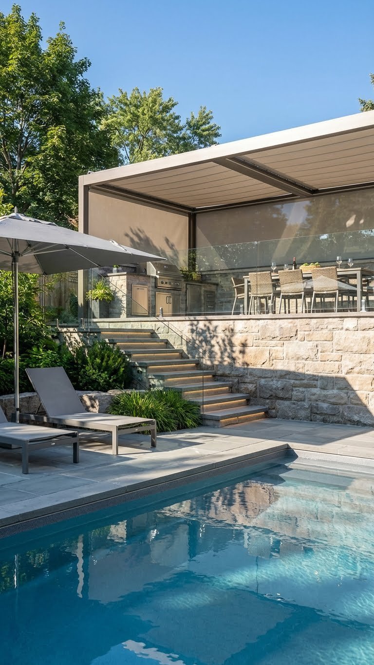 Outdoor Kitchen Pool Area Design Ideas For Luxury Entertaining 17 Split-level backyard design with outdoor kitchen on upper terrace overlooking pool with stone retaining wall