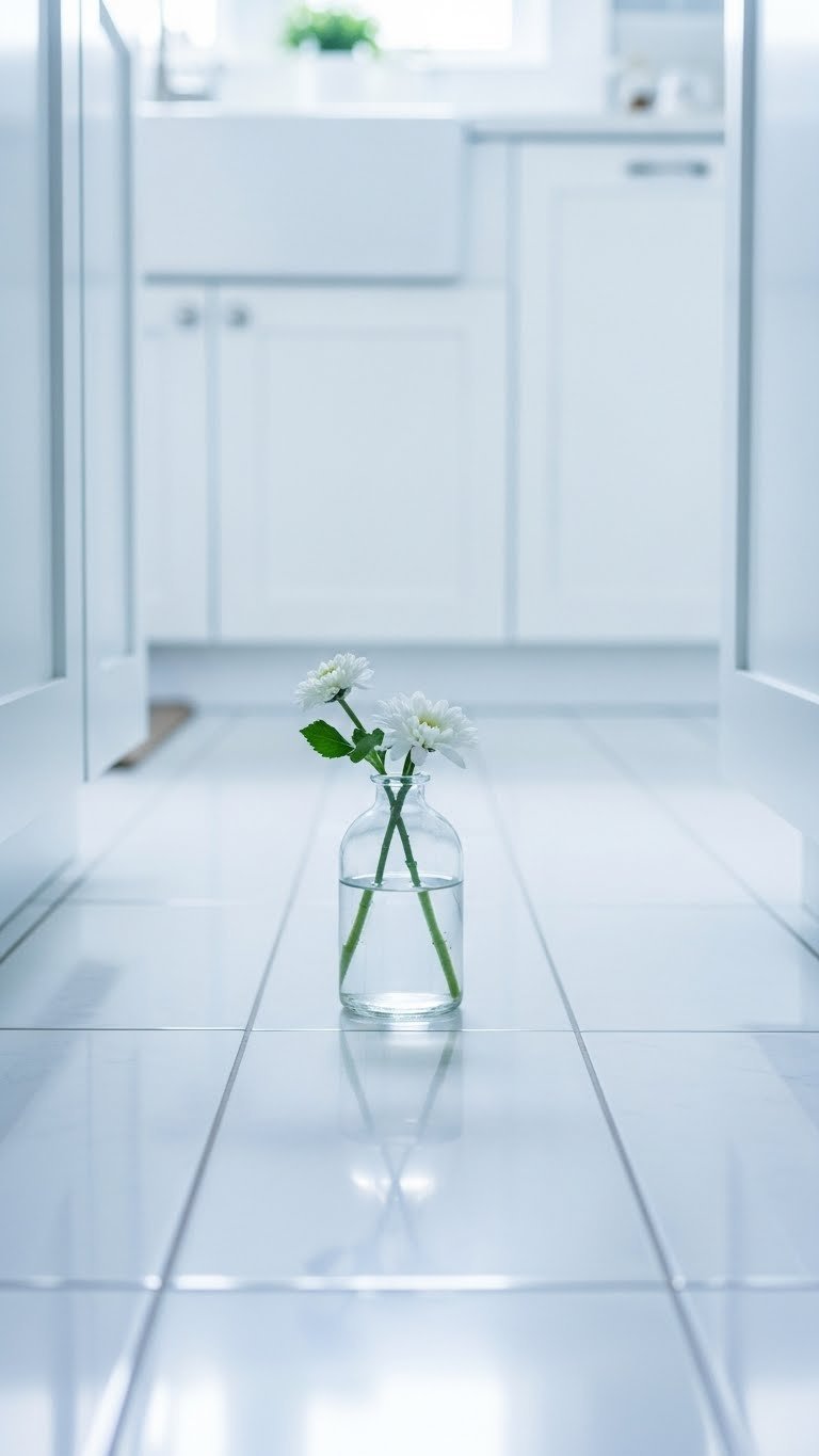 Spotless minimalist kitchen featuring glossy white ceramic floor tiles with soft natural lighting and elegant details