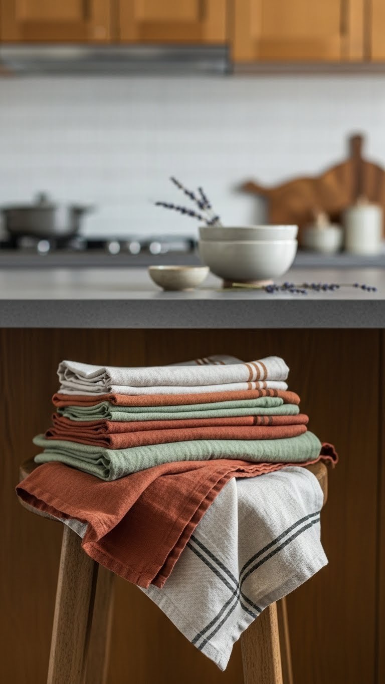 Stack of earthy-toned linen tea towels folded on rustic wooden stool next to kitchen island