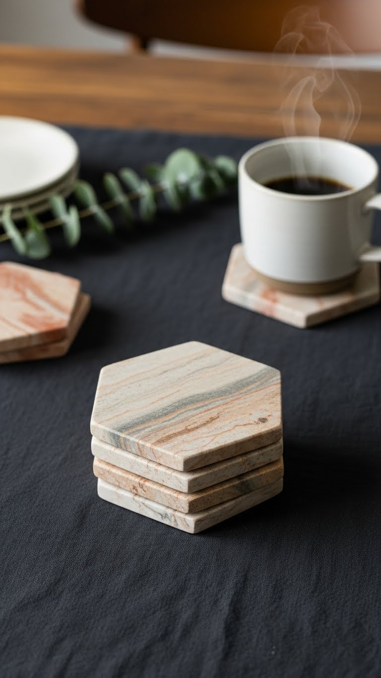 9 Proven Kitchen Gadgets Diy Projects For December 2025 3 Stack of four hexagonal marble coasters with natural veining arranged on dark linen tablecloth with coffee mug and eucalyptus.