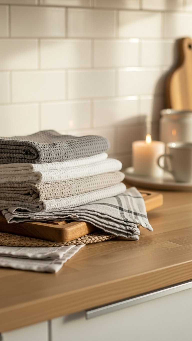 Stack of neutral linen dish towels next to wooden bread board on warm butcher block kitchen counter