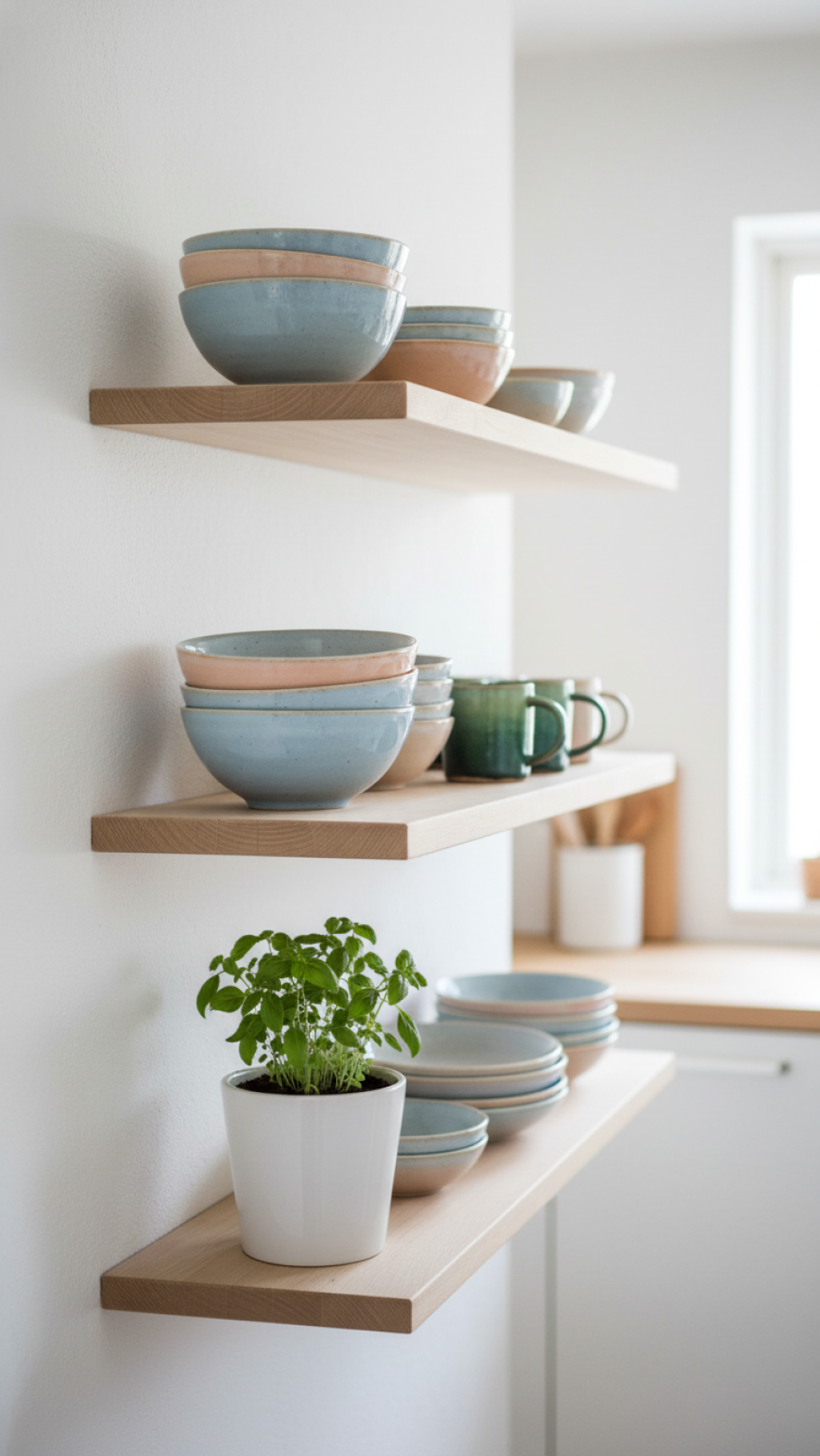 Stack of pastel blue and peach artisanal ceramic bowls with green mugs on wooden open shelf in Scandi kitchen