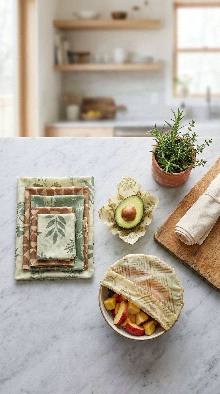 Stack of reusable beeswax wraps with floral patterns covering fresh avocado and bowl on marble countertop