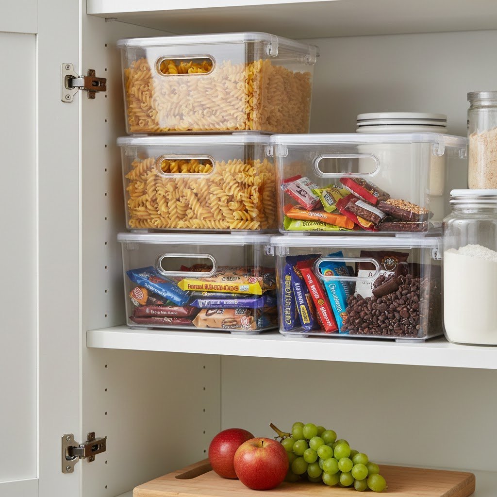 Stackable plastic bins organizing snacks and pasta in white kitchen pantry cabinet