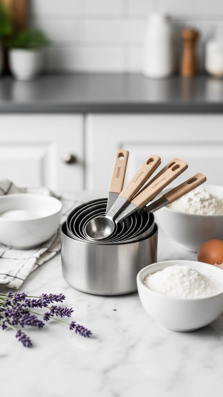 Stackable stainless steel measuring cups and spoons arranged on marble countertop with baking ingredients